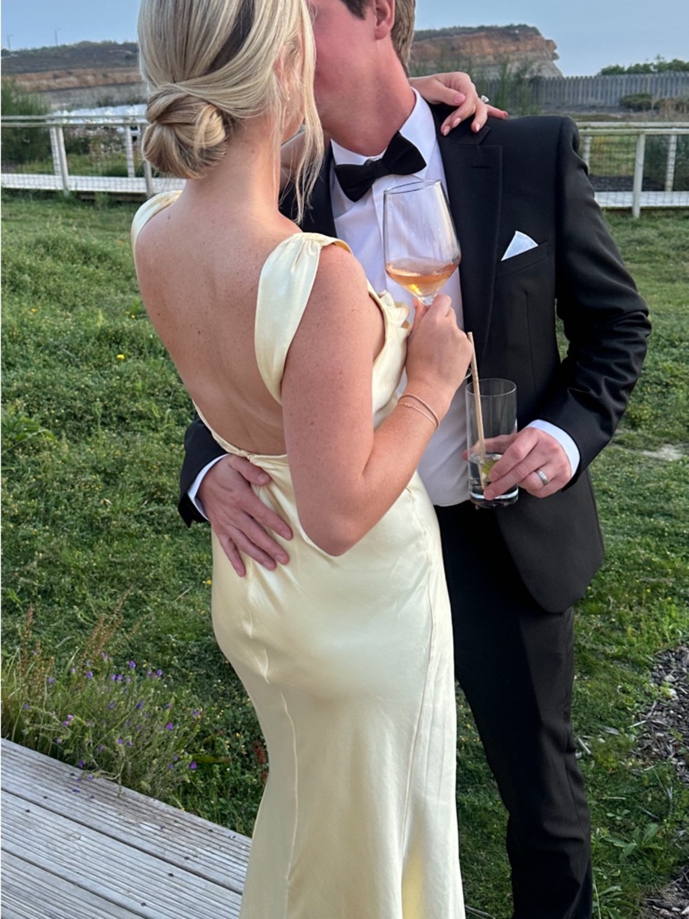 Elegant Pale Yellow Satin Backless Slip Dress